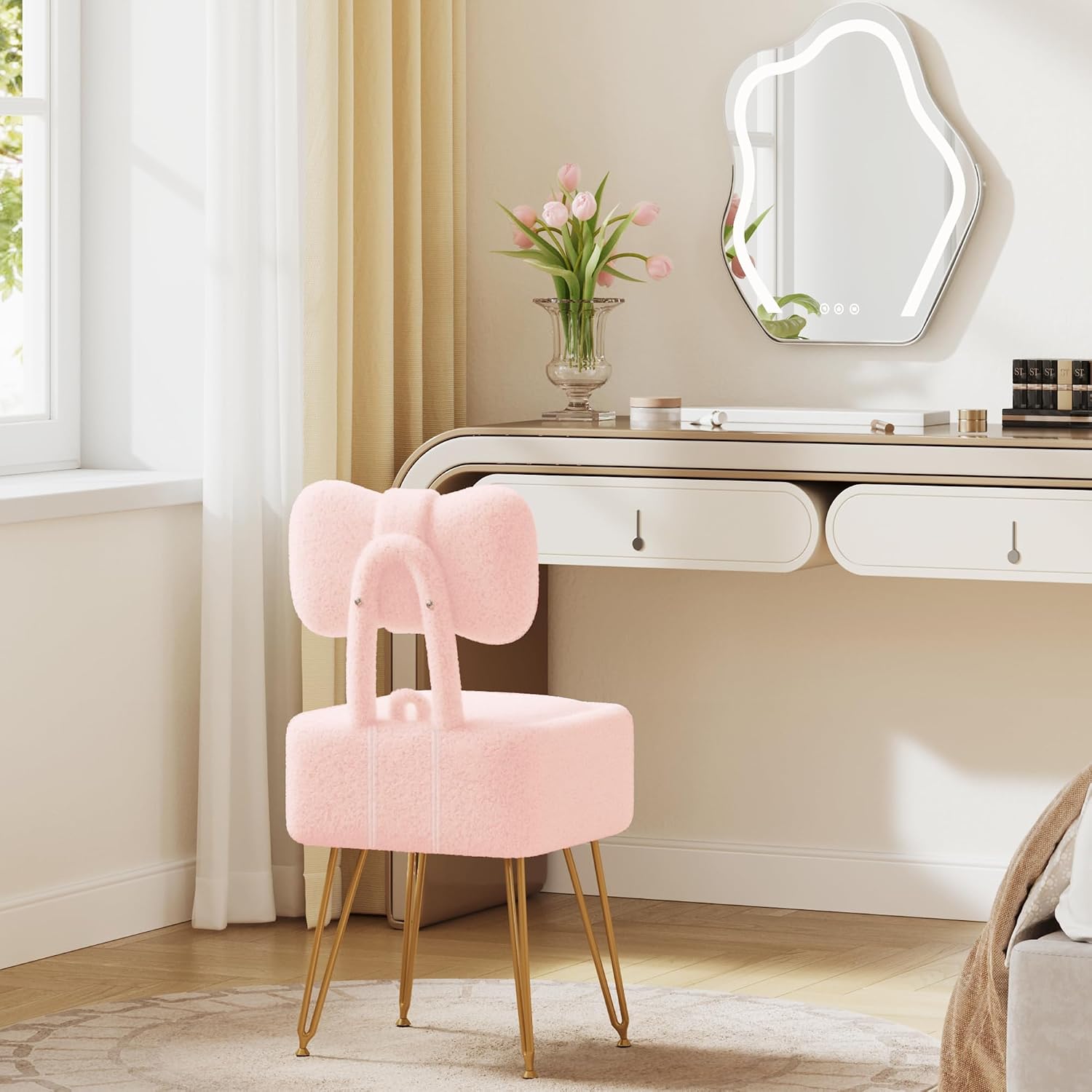 Pink Teddy Fleece Storage Vanity Stool Foldable Back