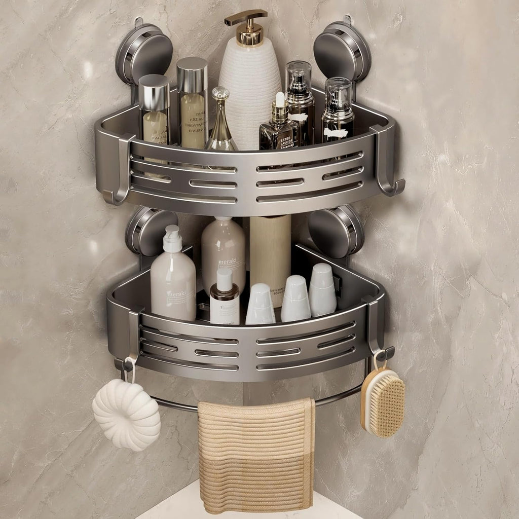 Gray 2‑Pack Suction Corner Shower Caddy With Hooks