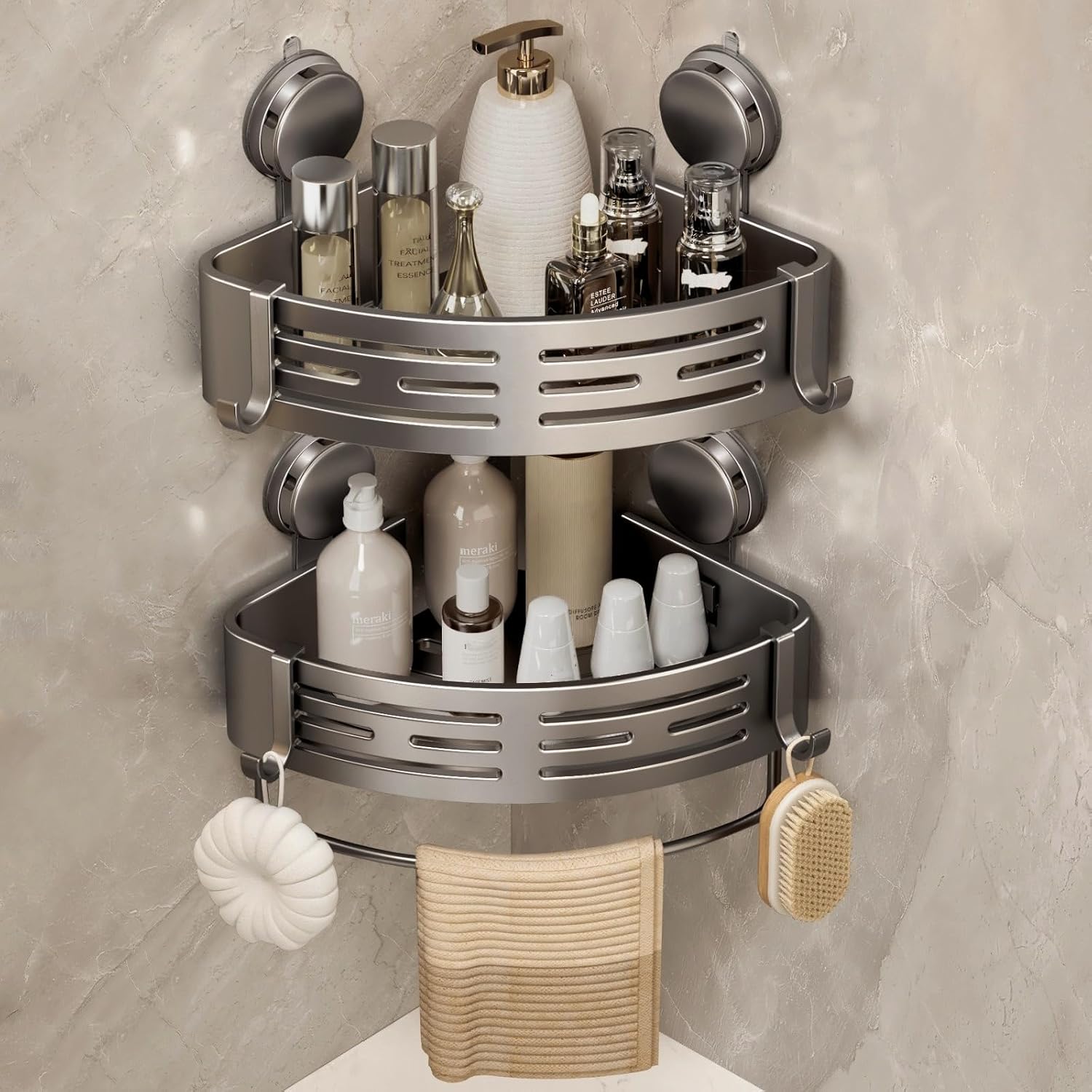 Gray 2‑Pack Suction Corner Shower Caddy With Hooks