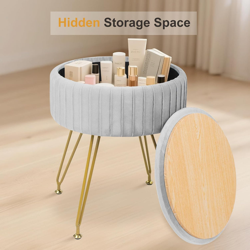 Round Storage Vanity Stool Ottoman Grey