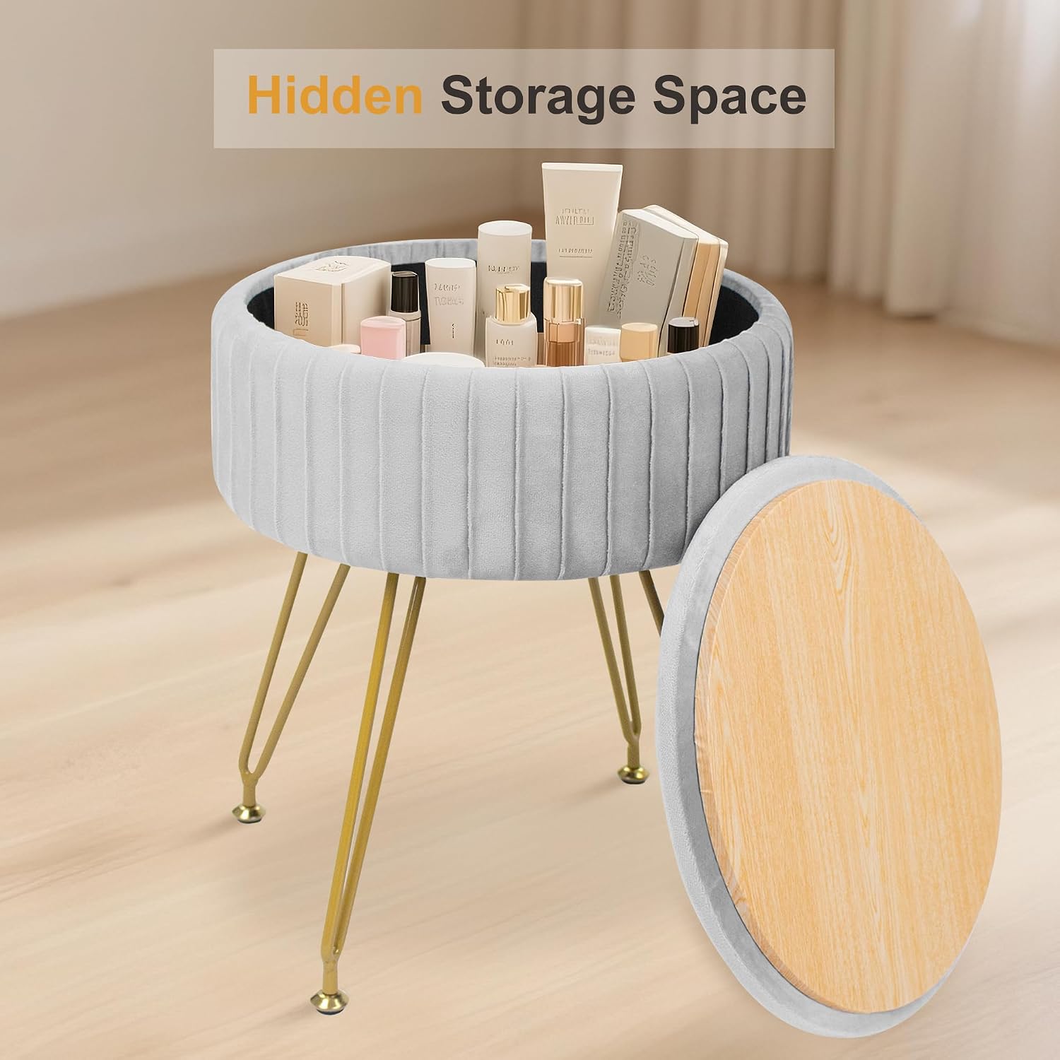 Round Storage Vanity Stool Ottoman Grey