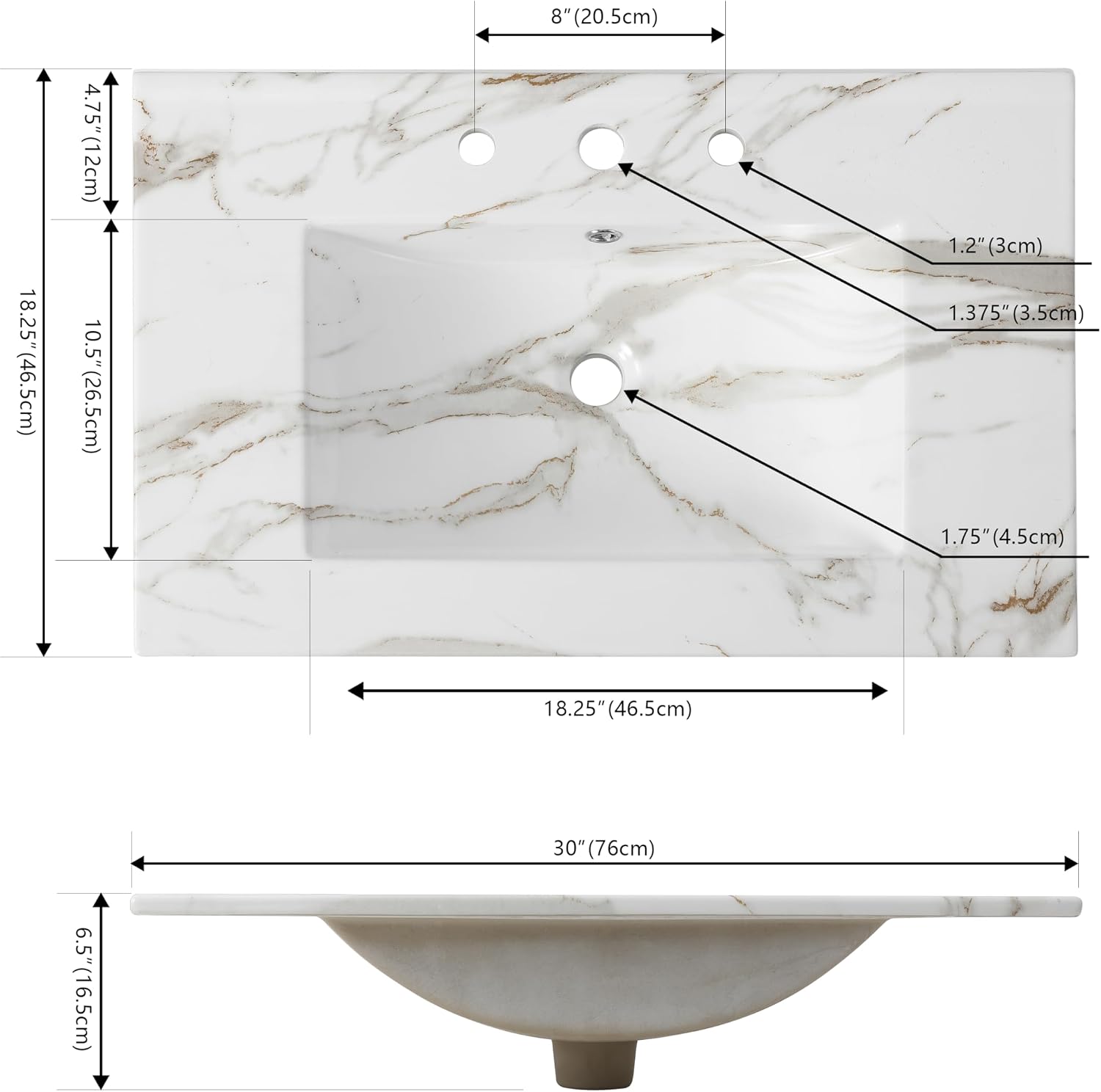 30 Inch White Marble‑Effect Ceramic Vanity Top
