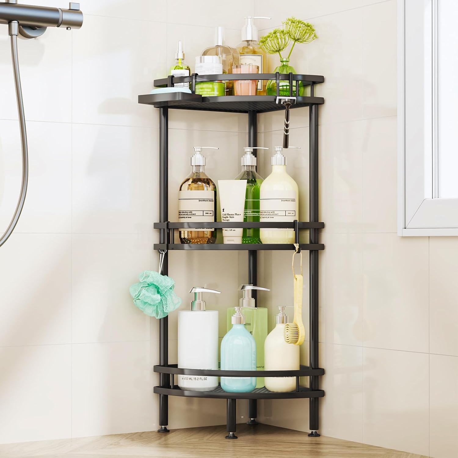 Black 3‑Tier Standing Corner Shower Caddy