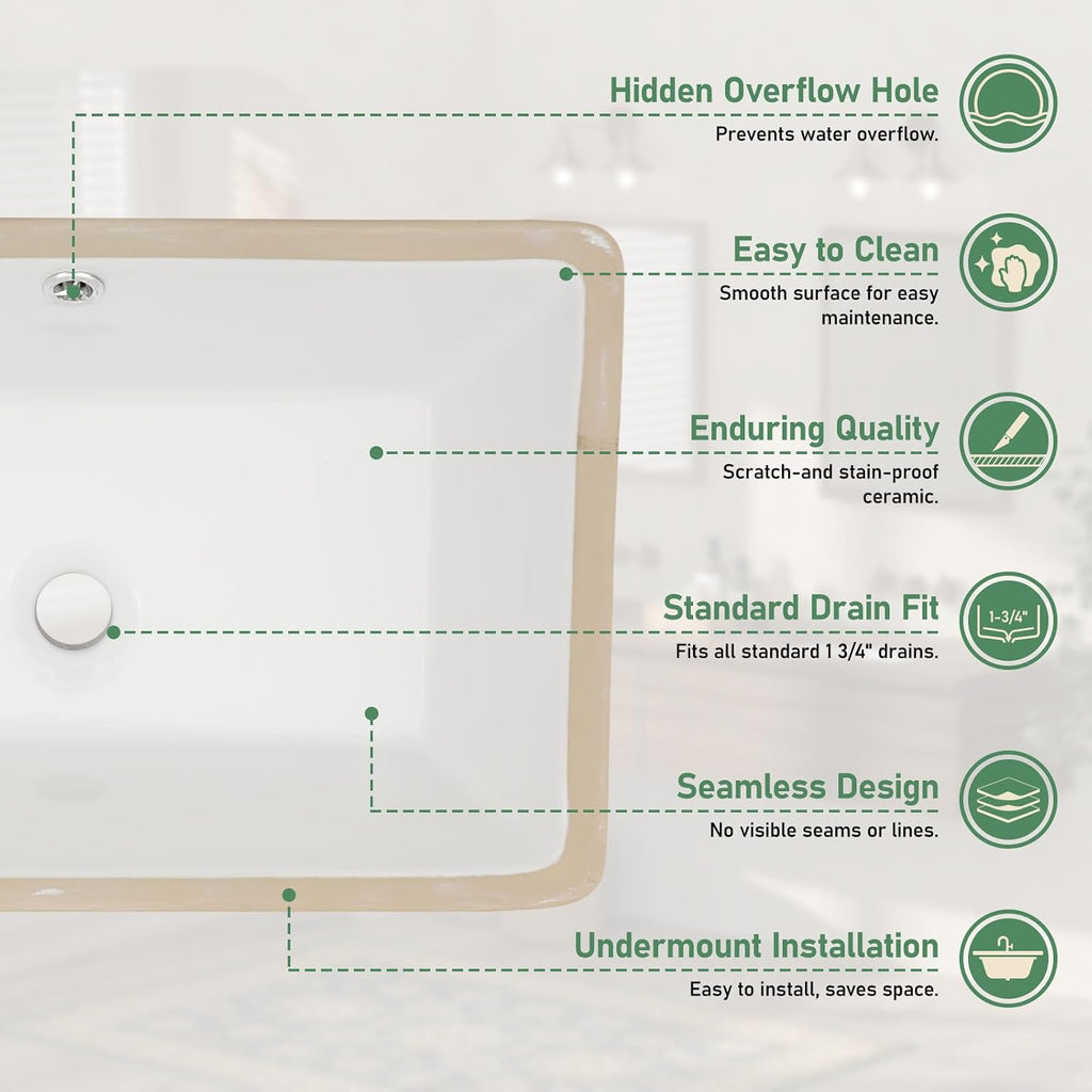 21 X 13 Inch Rectangular Undermount Ceramic Sink
