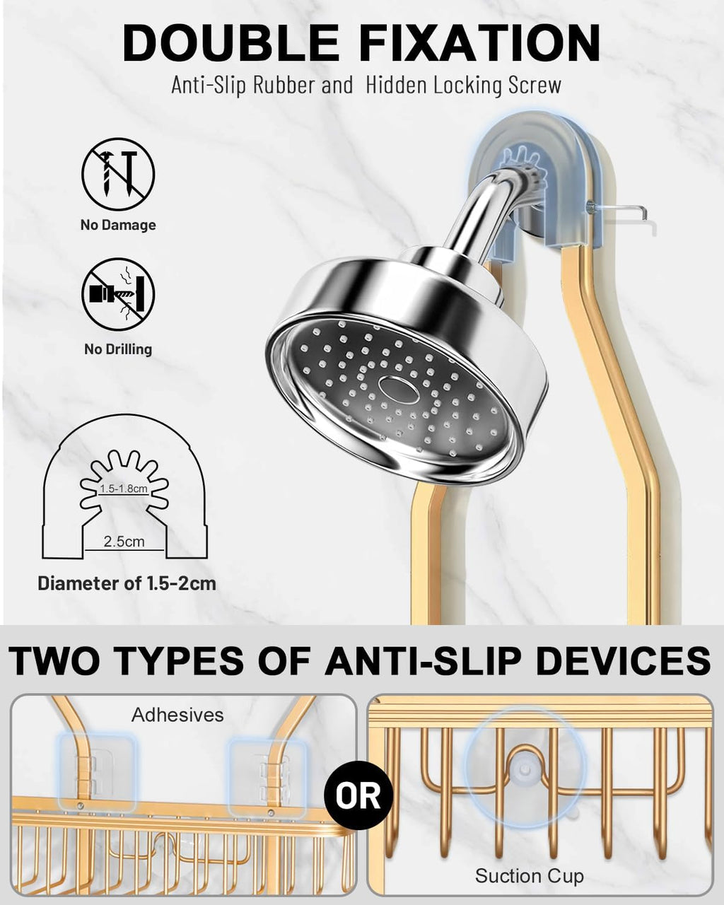 Gold Aluminum Hanging Shower Caddy With Hooks