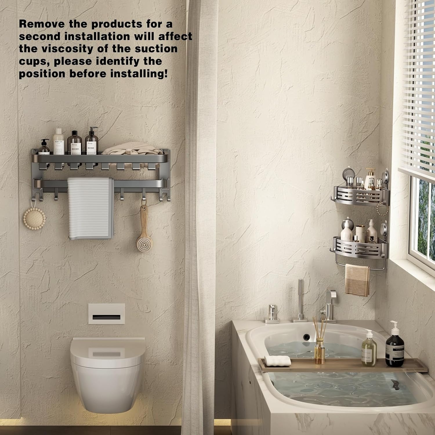 Gray 2‑Pack Suction Corner Shower Caddy With Hooks