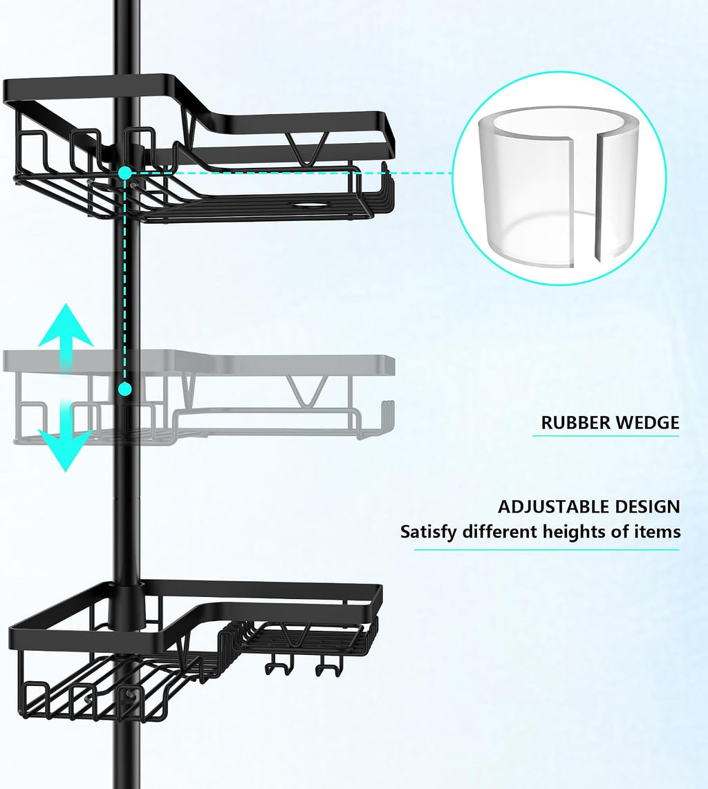 Black 4‑Tier Tension Pole Corner Shower Caddy