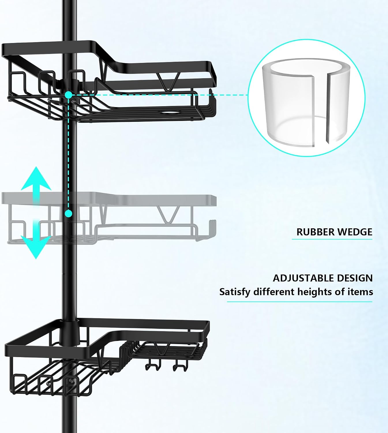 Black 4‑Tier Tension Pole Corner Shower Caddy