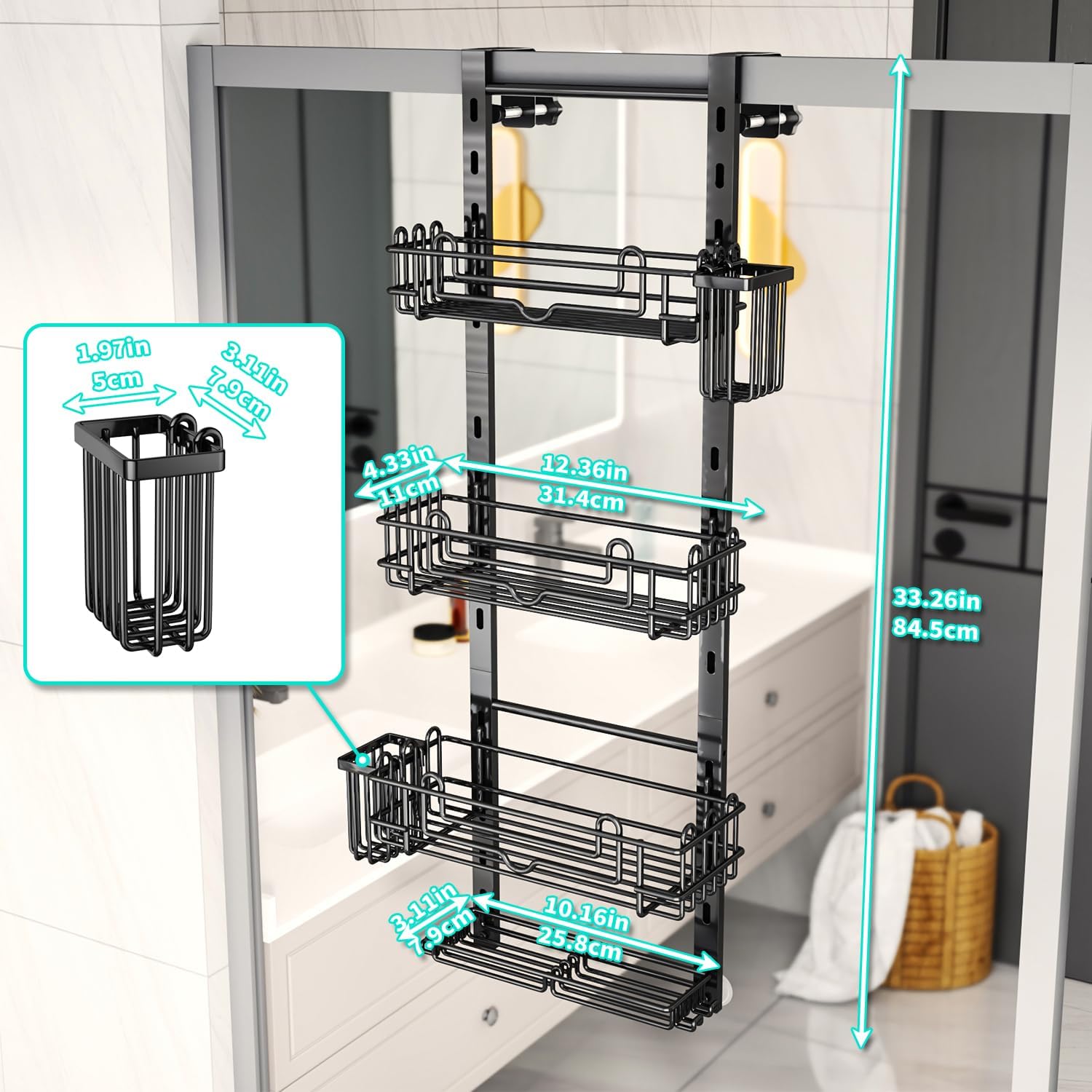 Black 4‑Tier Over‑The‑Door Shower Caddy
