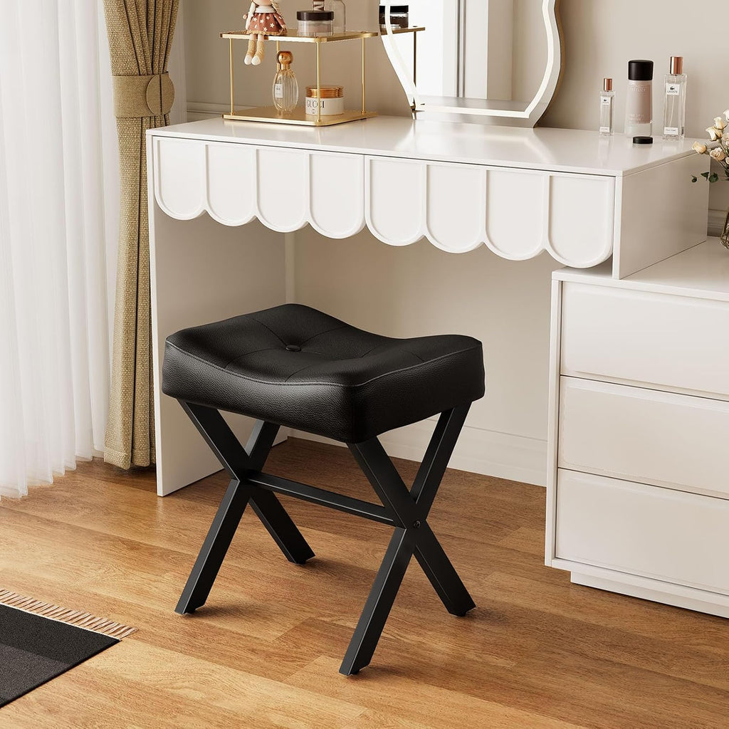 Black Leather Saddle Vanity Stool Metal X‑Legs