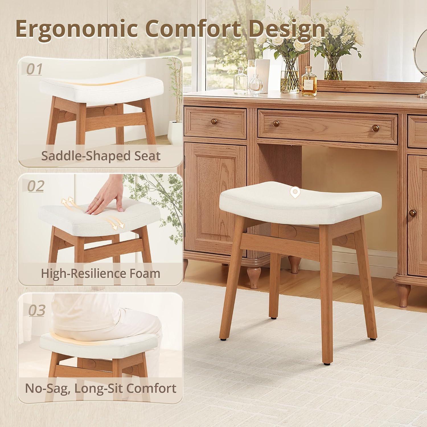 Lue Bona Saddle Vanity Stool Wood Legs 300 Lbs