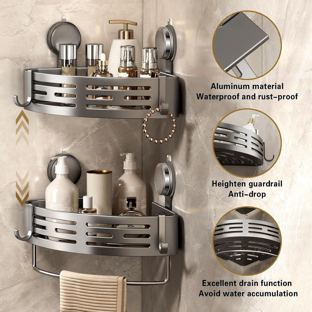Gray 2‑Pack Suction Corner Shower Caddy With Hooks