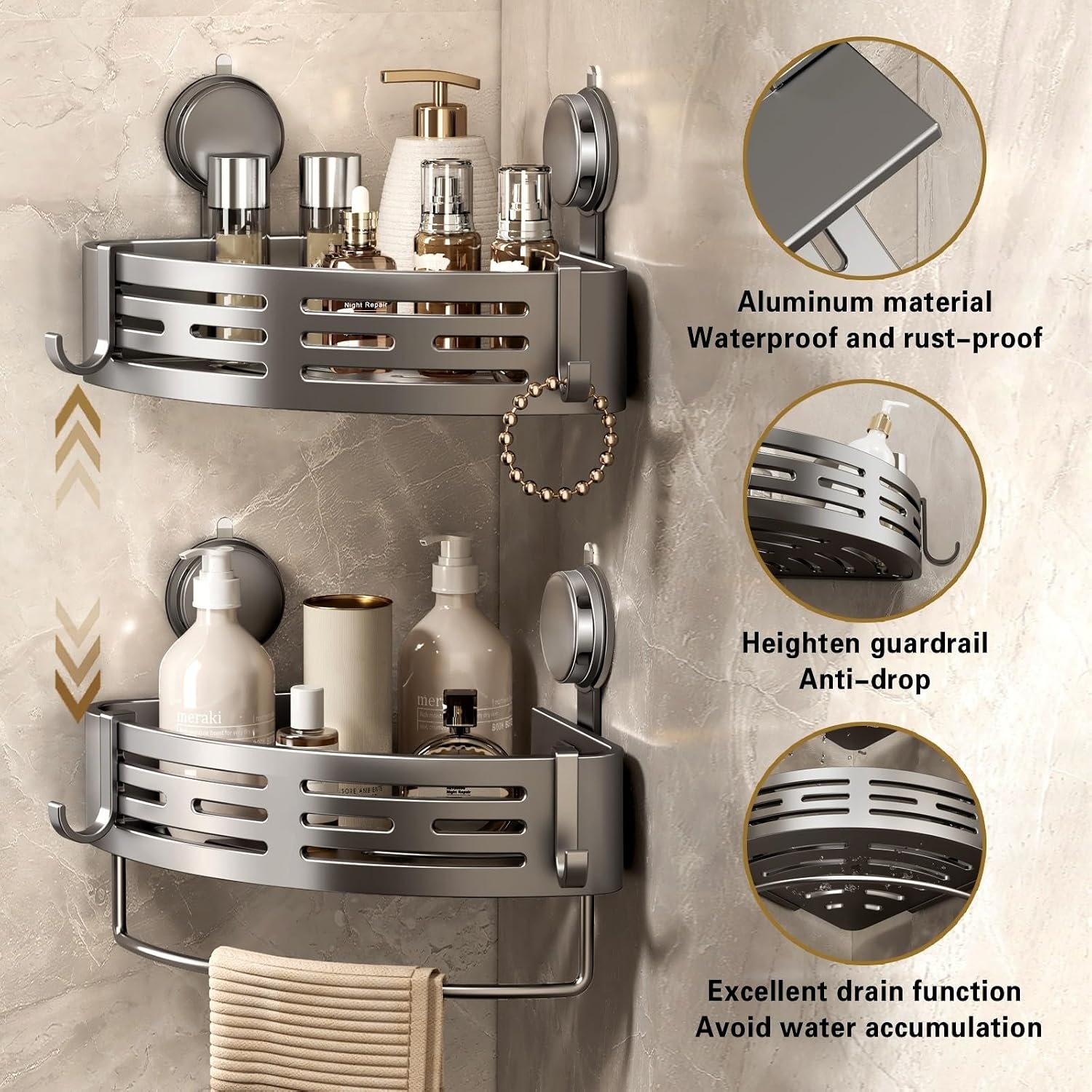 Gray 2‑Pack Suction Corner Shower Caddy With Hooks