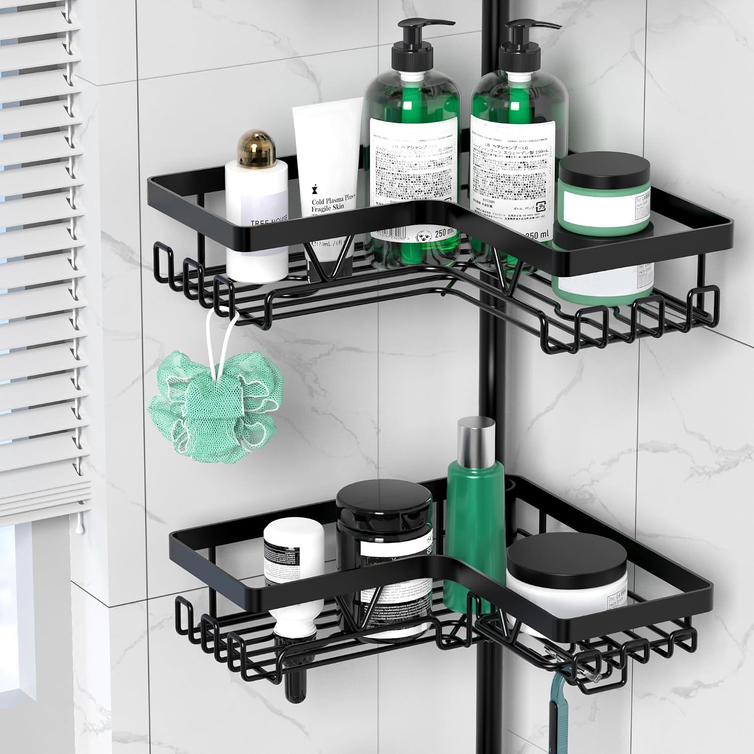 Black 4‑Tier Tension Pole Corner Shower Caddy