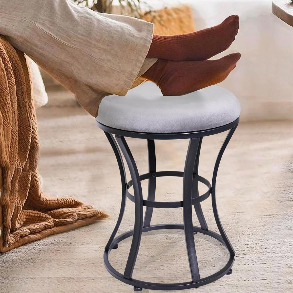 Grey Round Velvet Vanity Stool Metal Legs