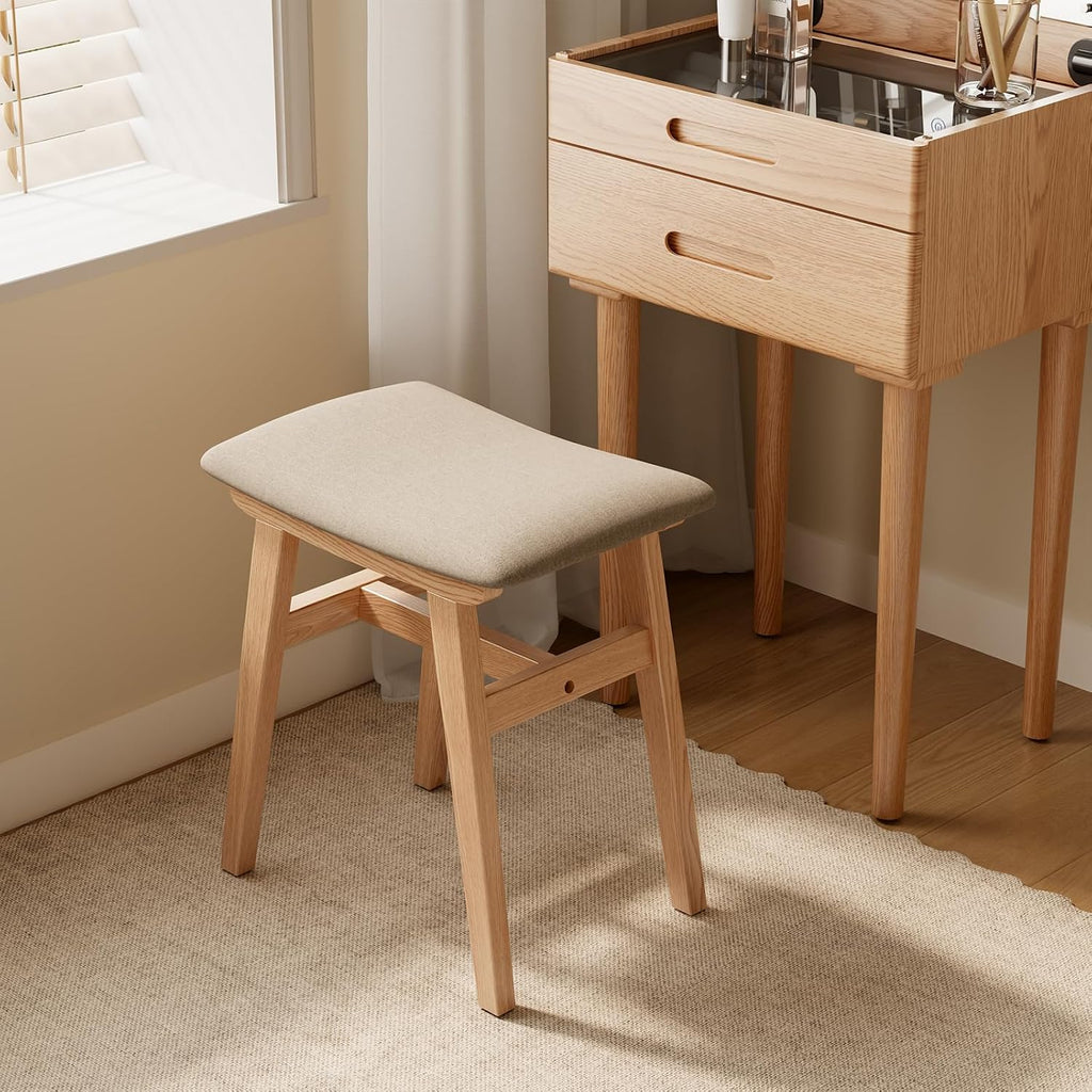 Natural Solid Wood Saddle Linen Vanity Stool
