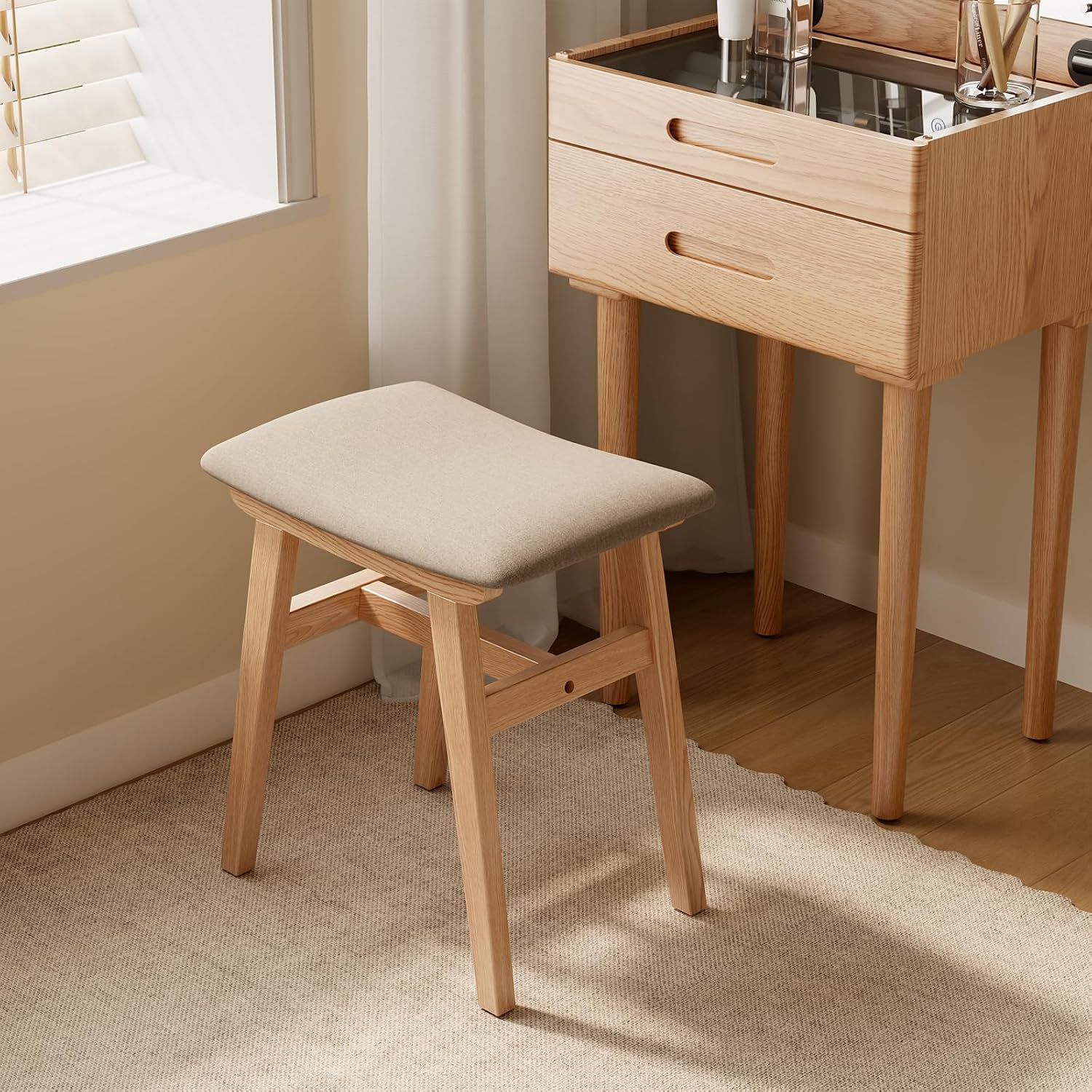 Natural Solid Wood Saddle Linen Vanity Stool