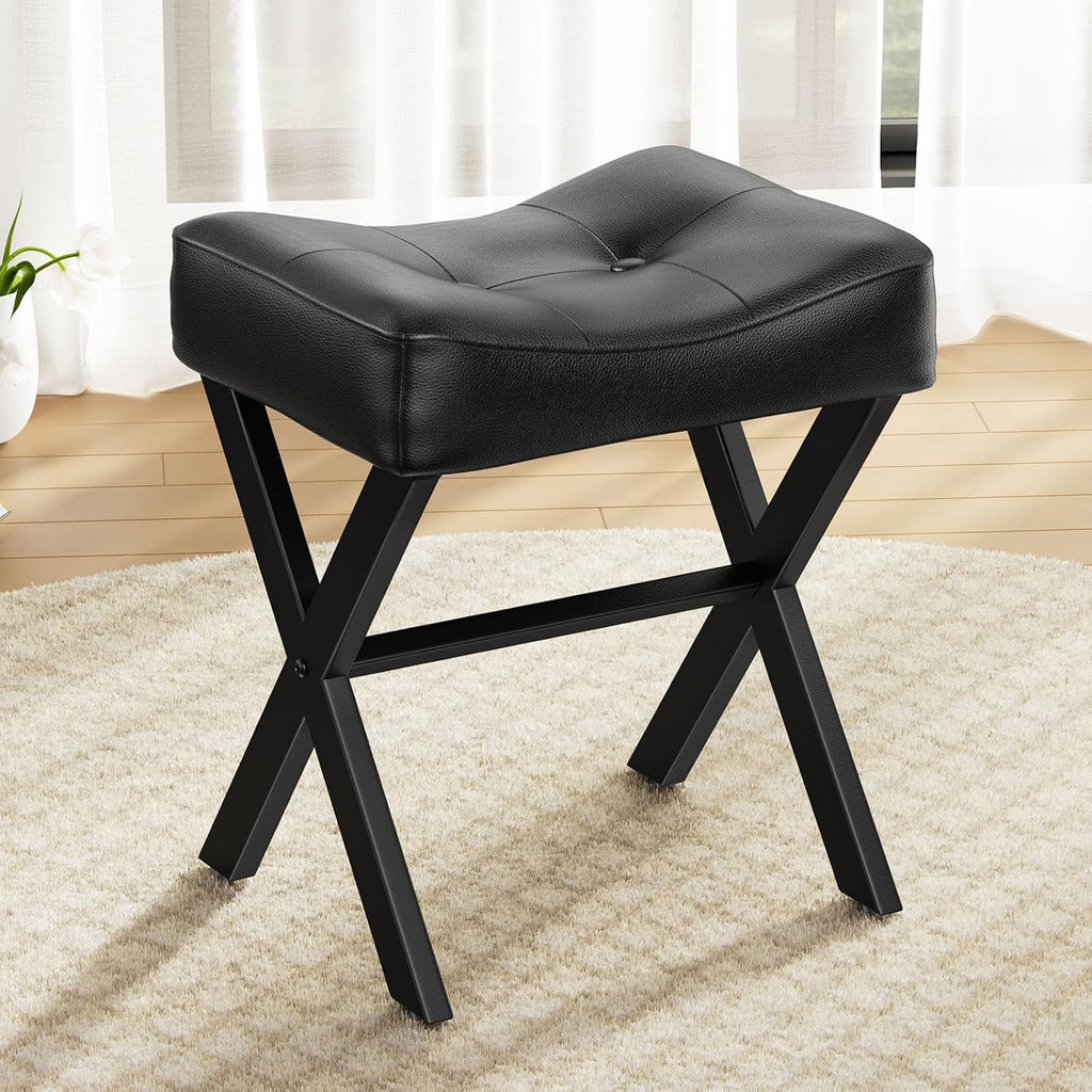 Black Leather Saddle Vanity Stool Metal X‑Legs