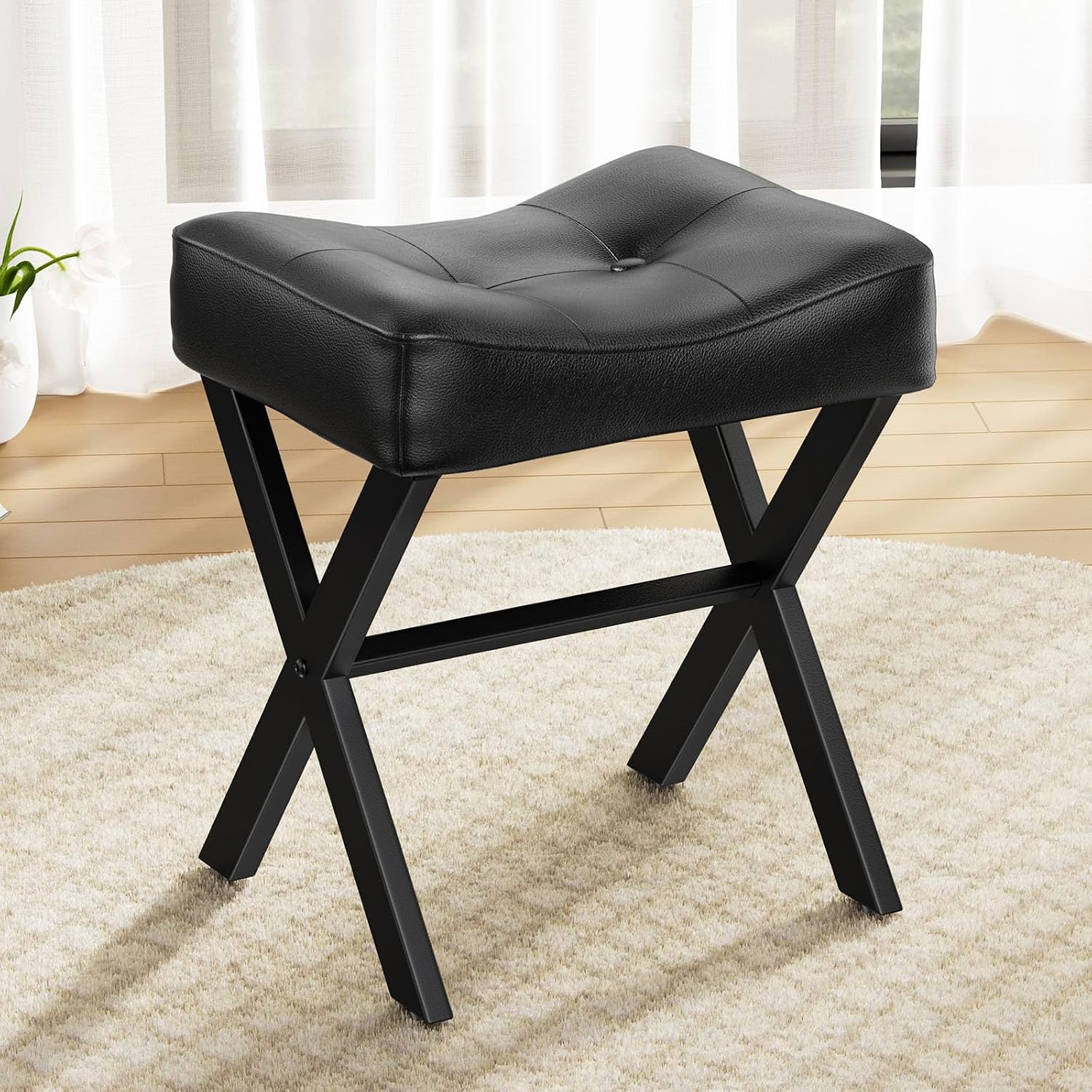 Black Leather Saddle Vanity Stool Metal X‑Legs