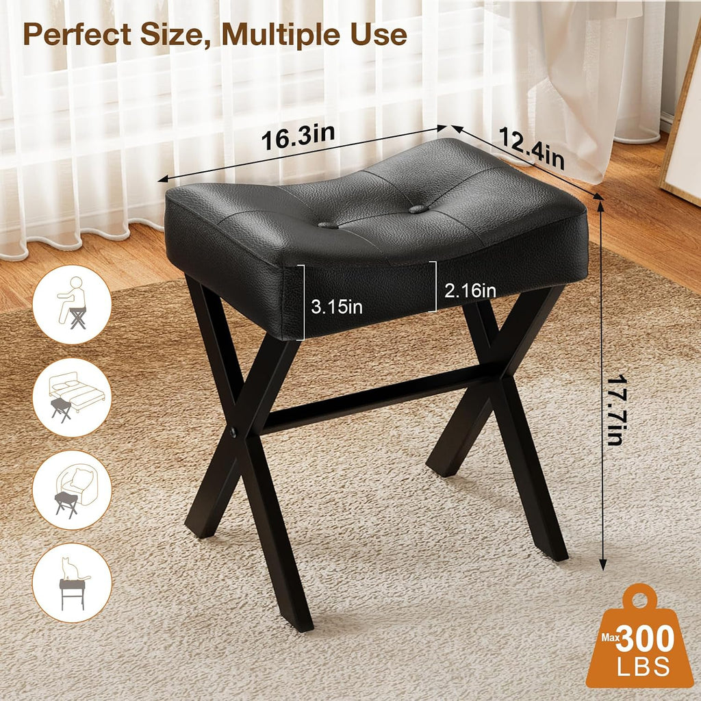 Black Leather Saddle Vanity Stool Metal X‑Legs