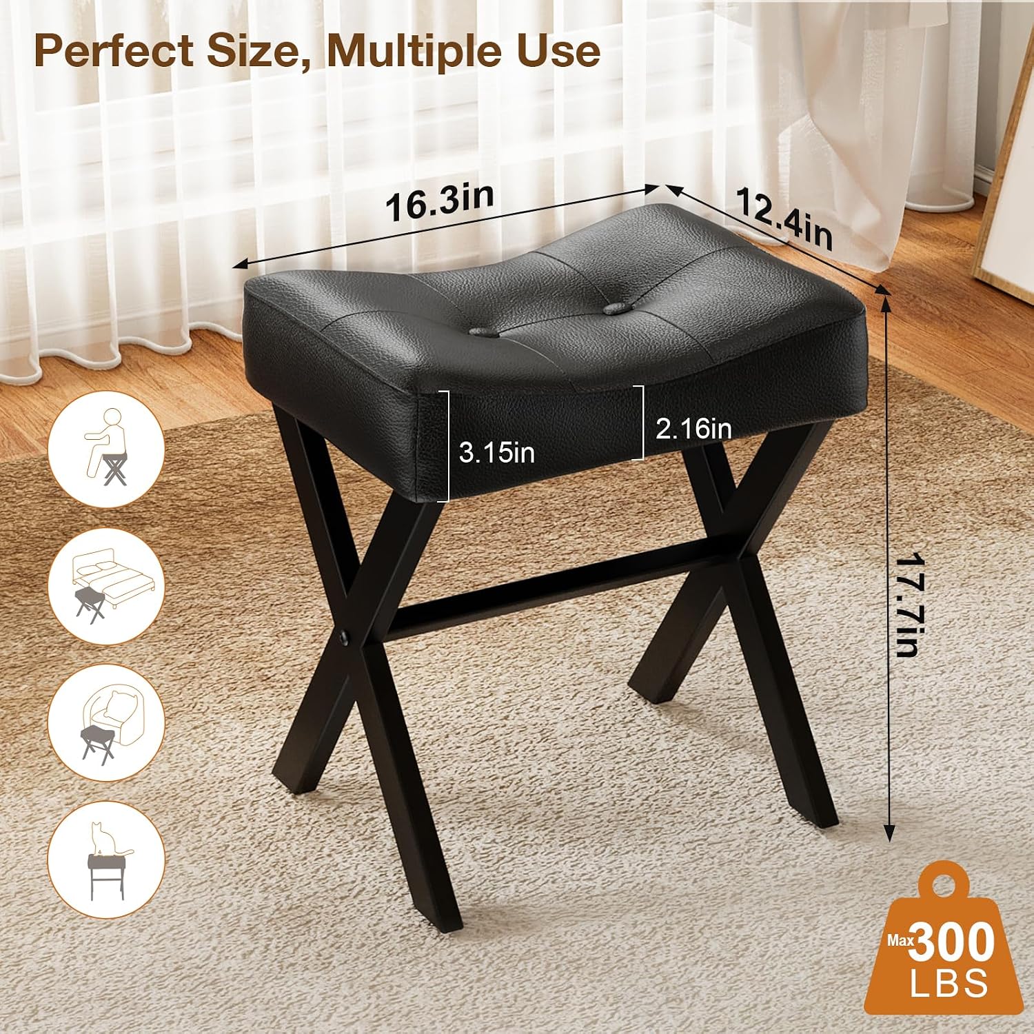 Black Leather Saddle Vanity Stool Metal X‑Legs