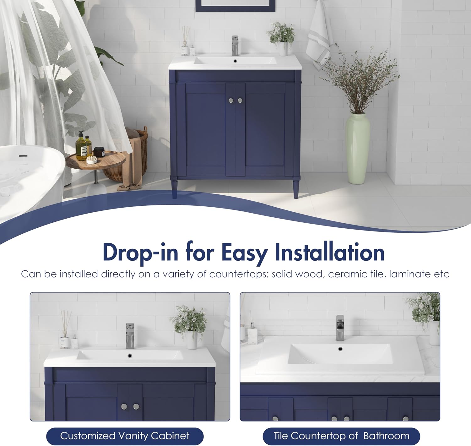 31 Inch White Ceramic Drop‑In Vanity Sink Top