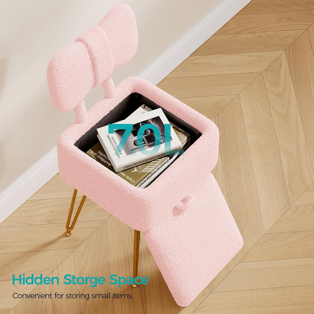 Pink Teddy Fleece Storage Vanity Stool Foldable Back