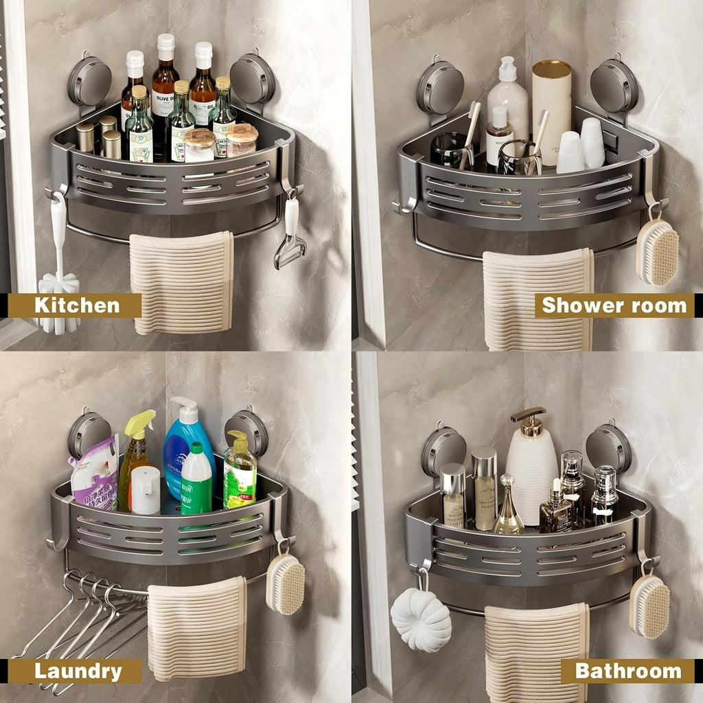 Gray 2‑Pack Suction Corner Shower Caddy With Hooks