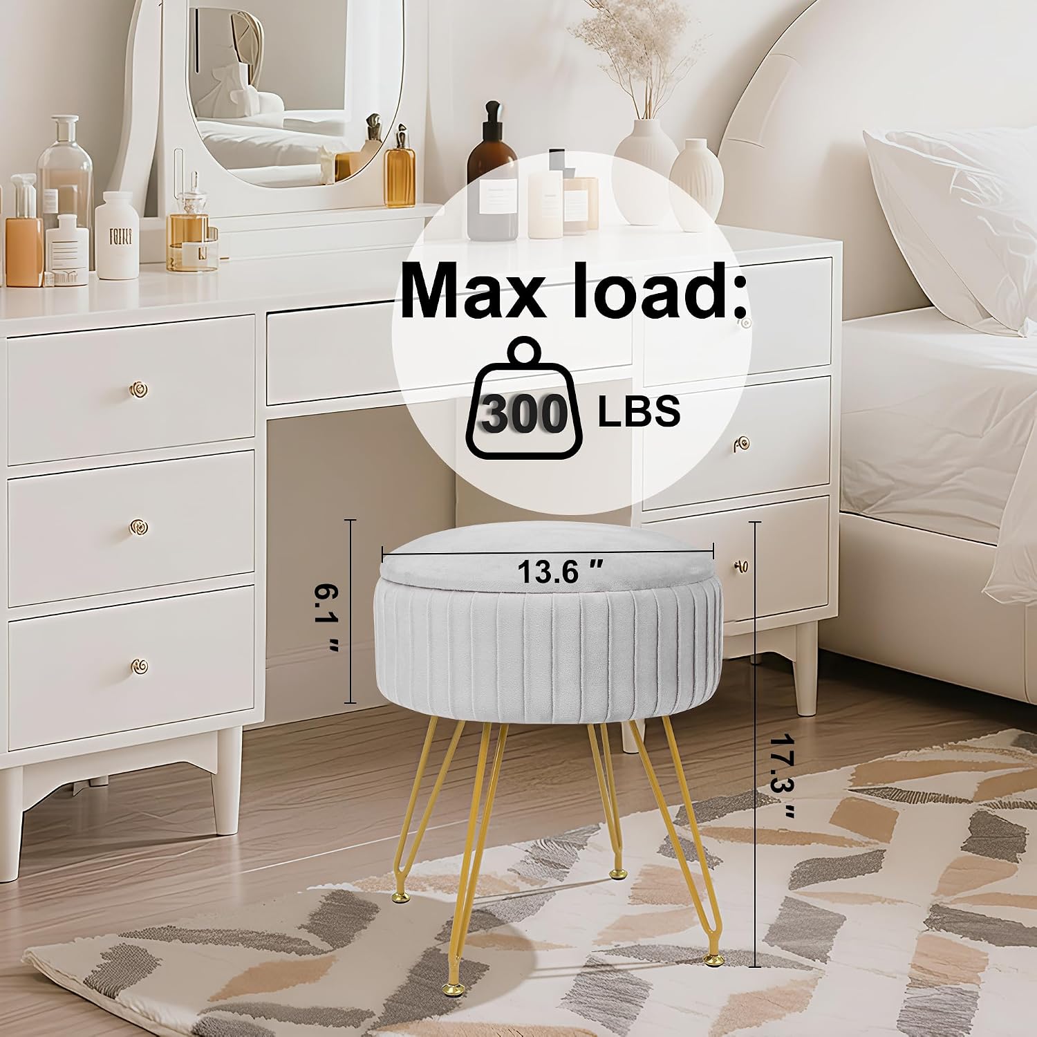 Round Storage Vanity Stool Ottoman Grey