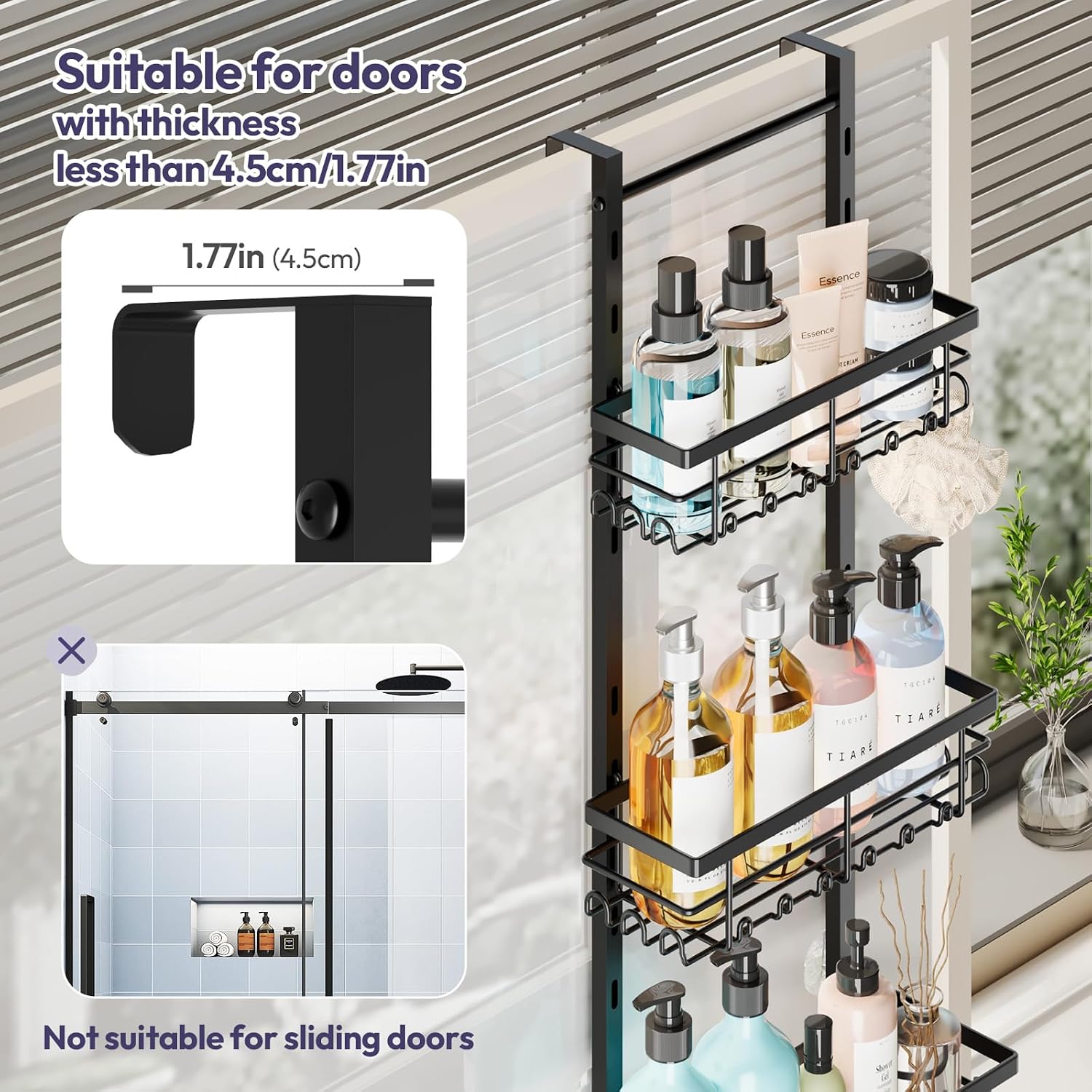 Black 4‑Tier Over‑The‑Door Shower Caddy