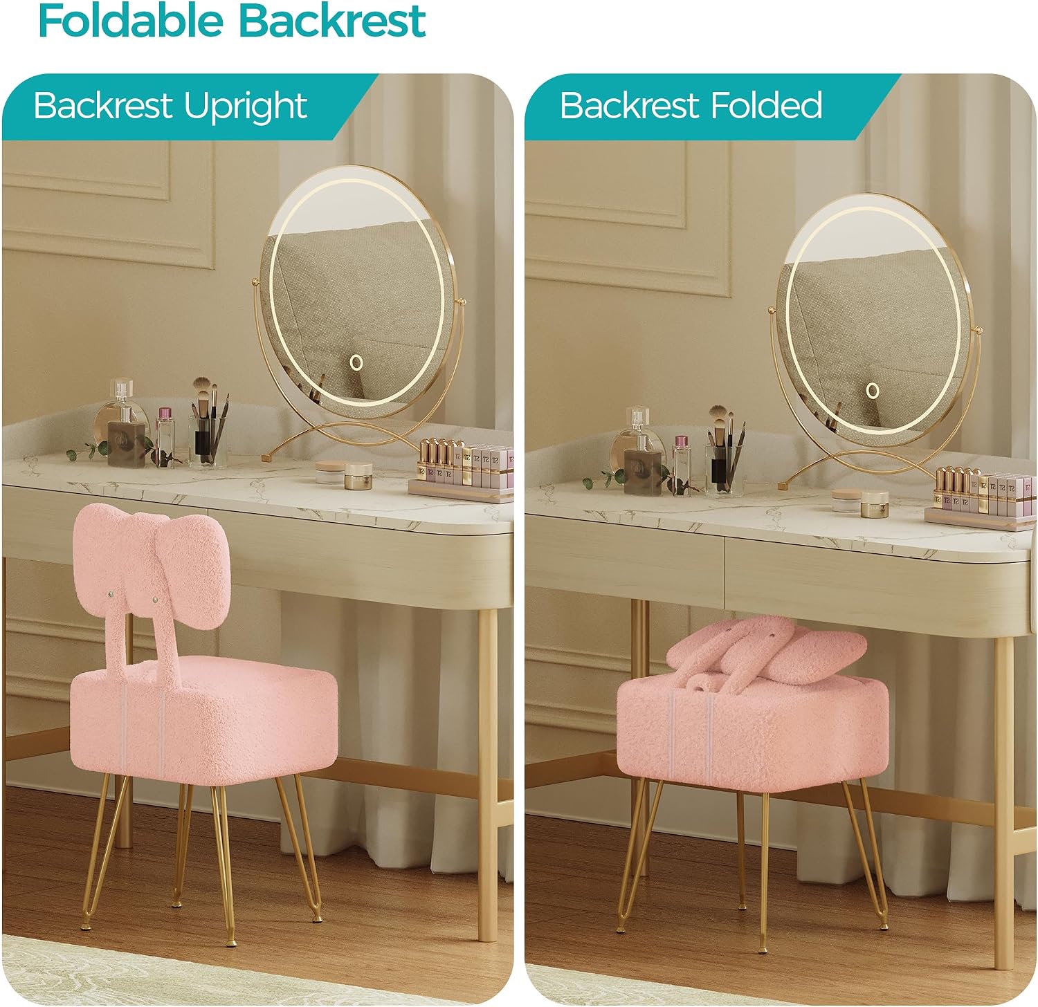 Pink Teddy Fleece Storage Vanity Stool Foldable Back