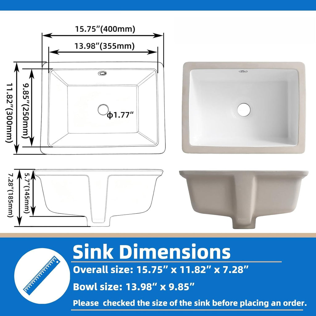 16 Inch Rectangular Undermount Bathroom Sink