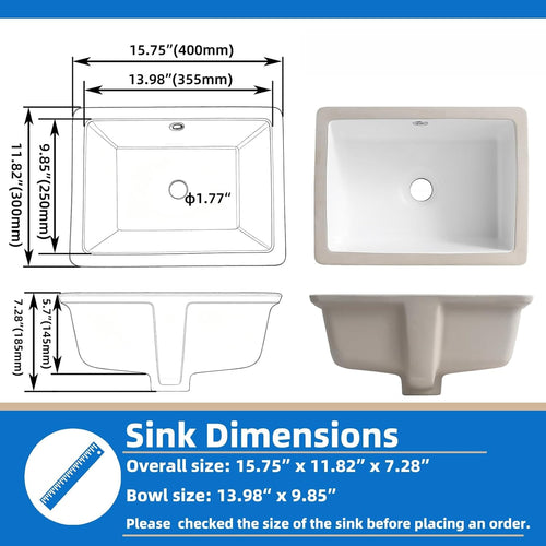 16 Inch Rectangular Undermount Bathroom Sink